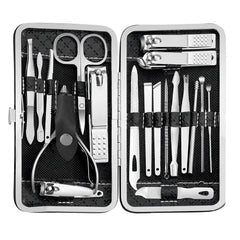 Tranchou manicure set front view showing organized stainless steel tools for home grooming