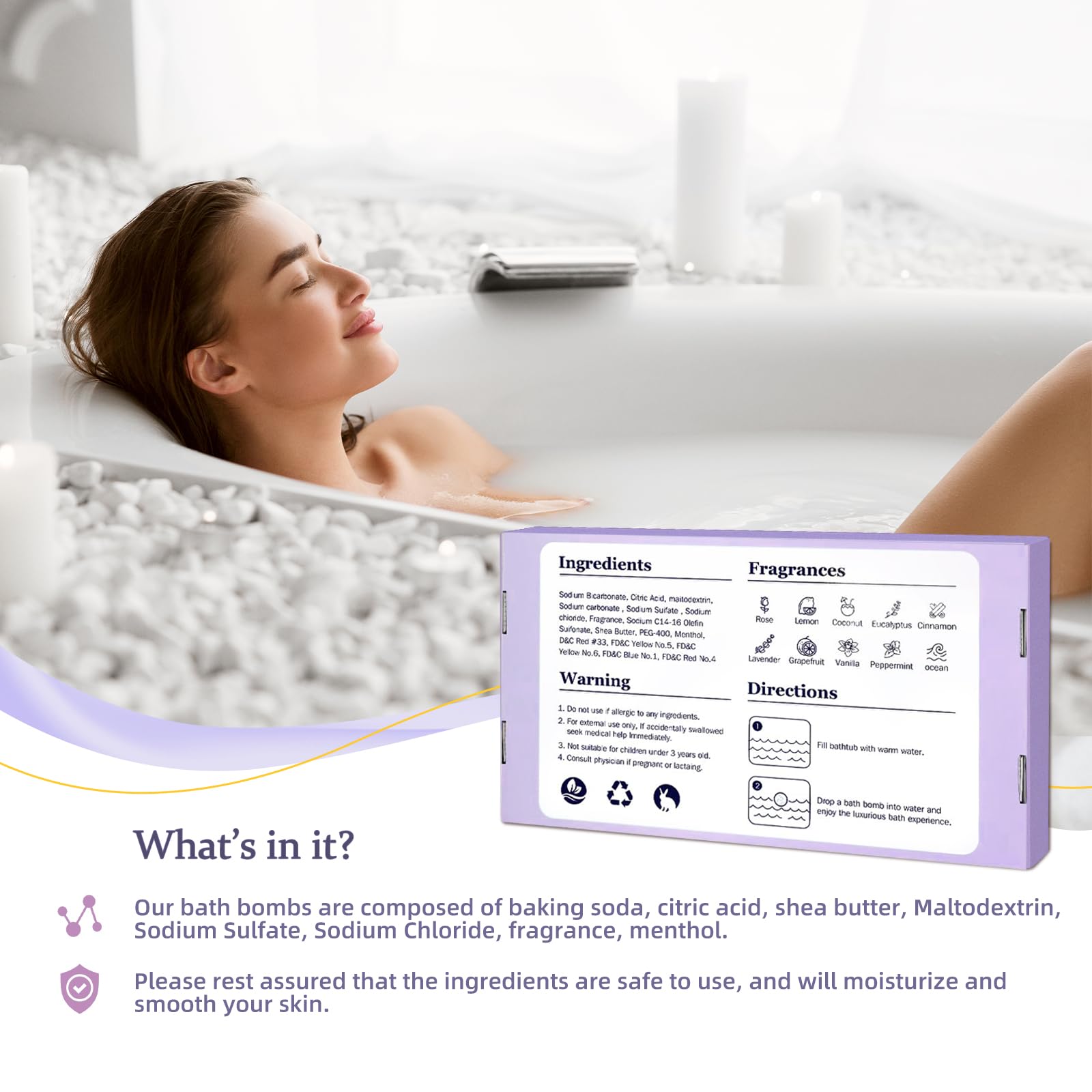 TranquilBliss lavender bath bomb offers calming fragrance for evening wind-down.