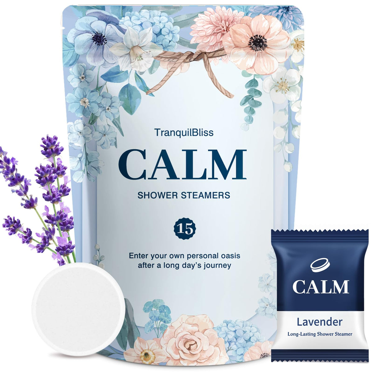 TranquilBliss bombas ducha lavanda, 15 pack para uso diario y aromatización suave.