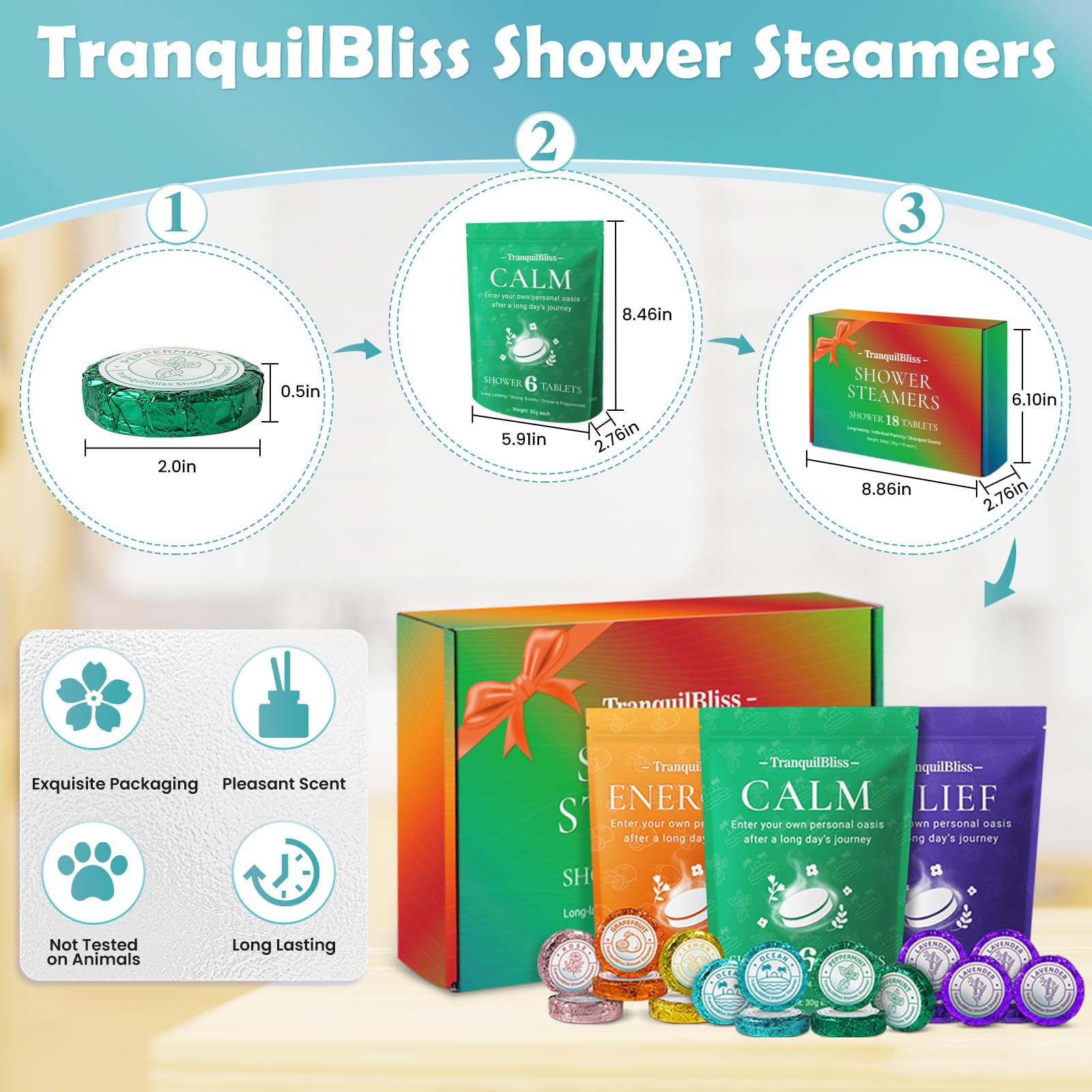 TranquilBliss bombas vapor ducha con bolsas de fragancias para regalo