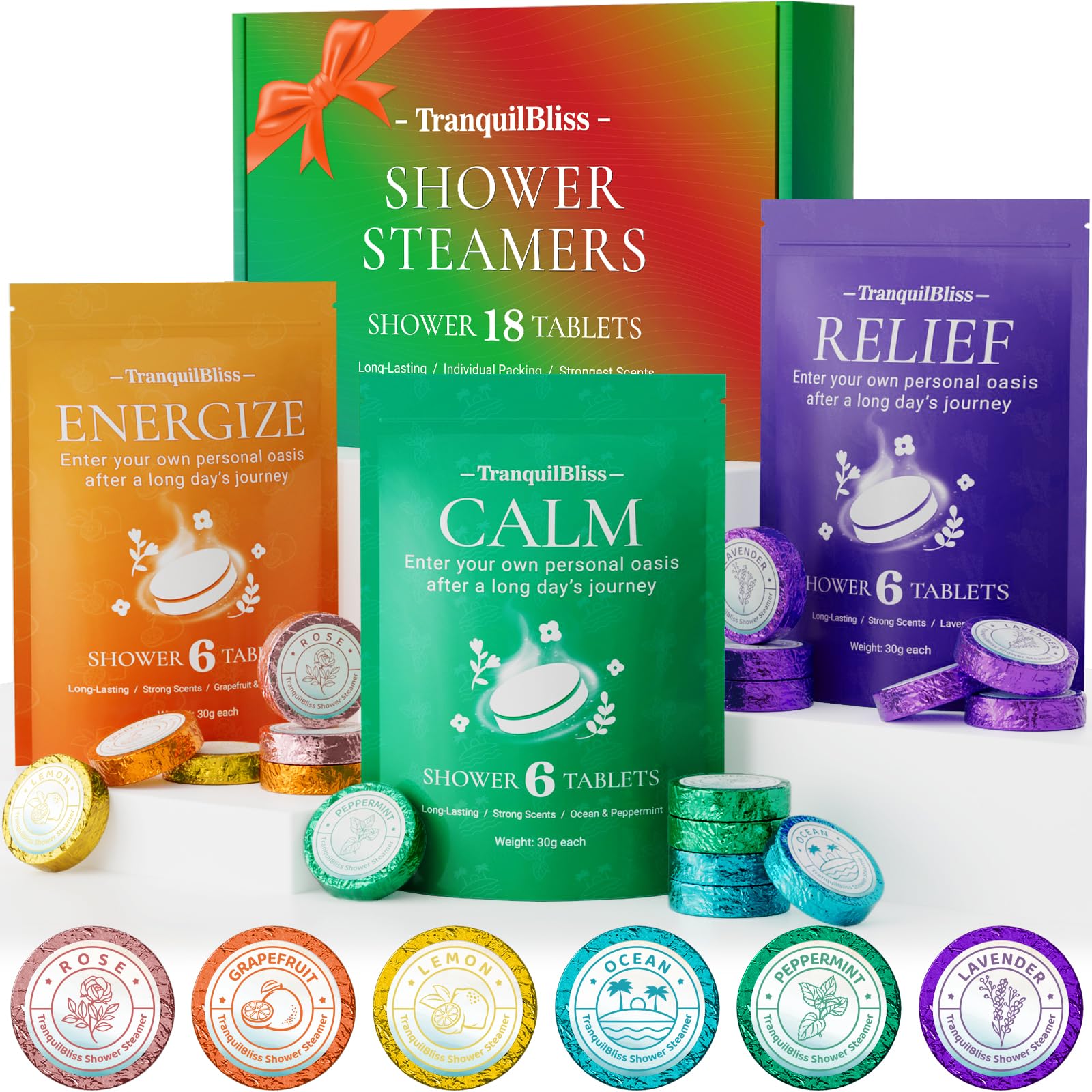TranquilBliss bombas vapor ducha en caja, presentación elegante para regalo