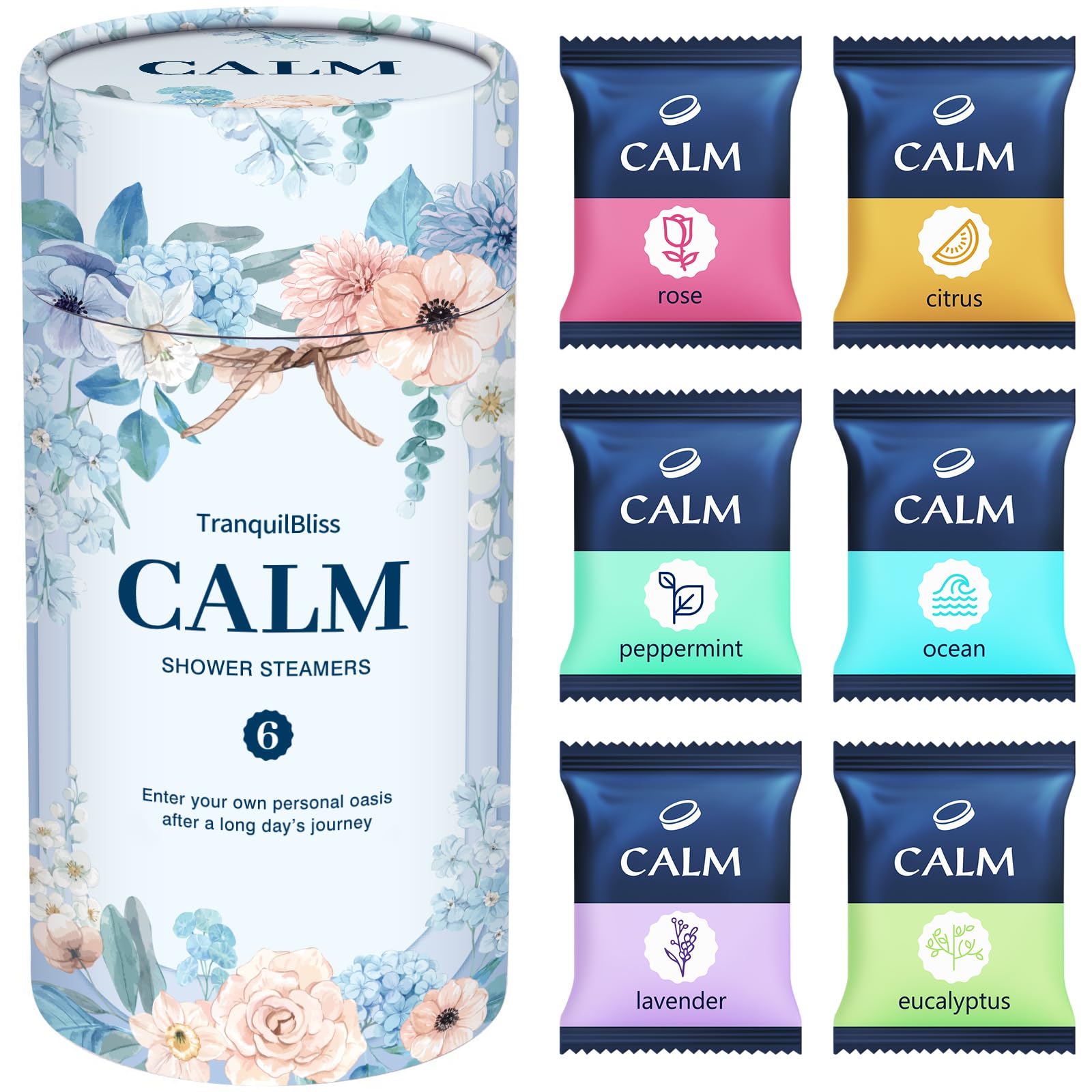 TranquilBliss shower steamers six-scent set fills the bathroom with uplifting aromas