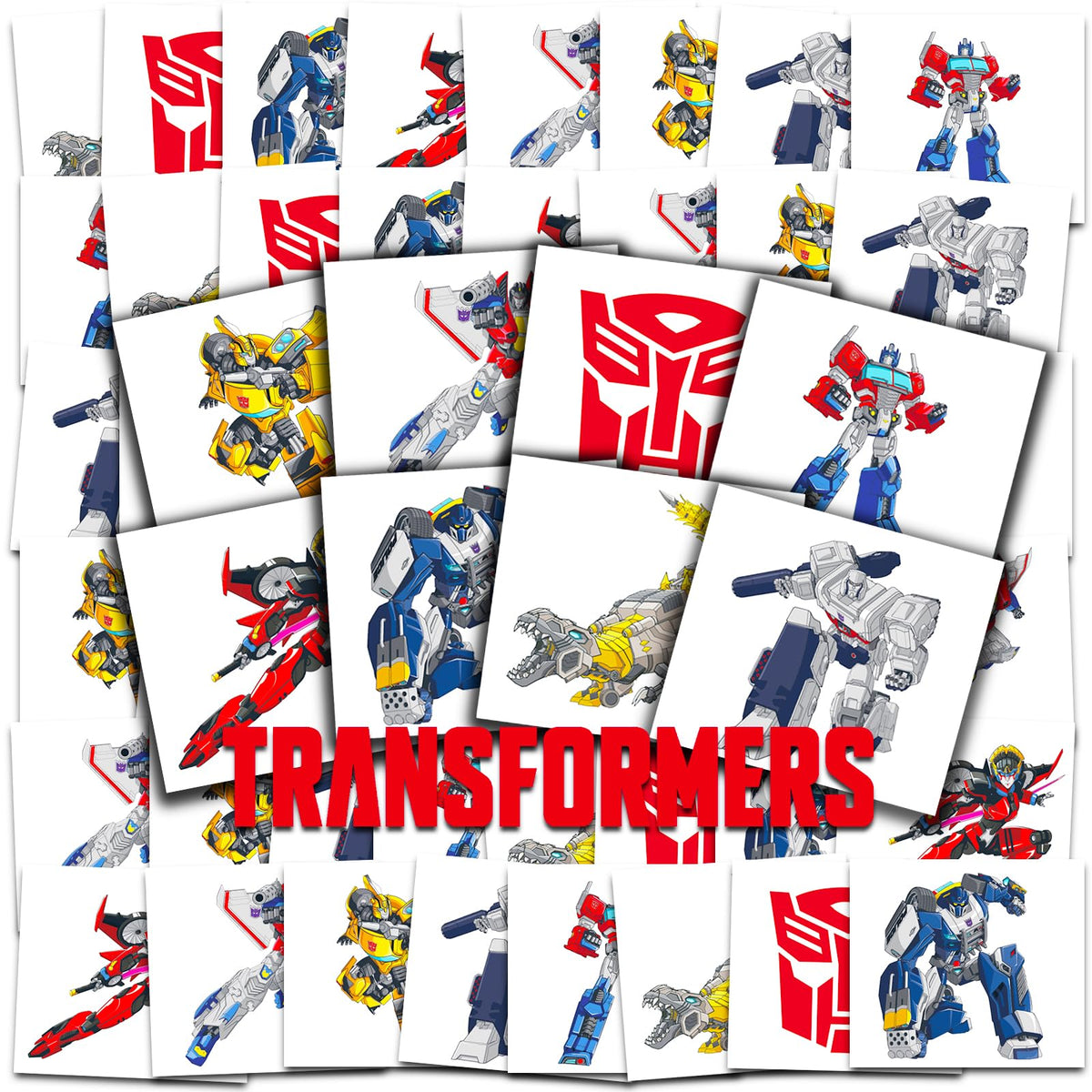 Transformers tattoos on perforated sheets, easy to hand out at parties.