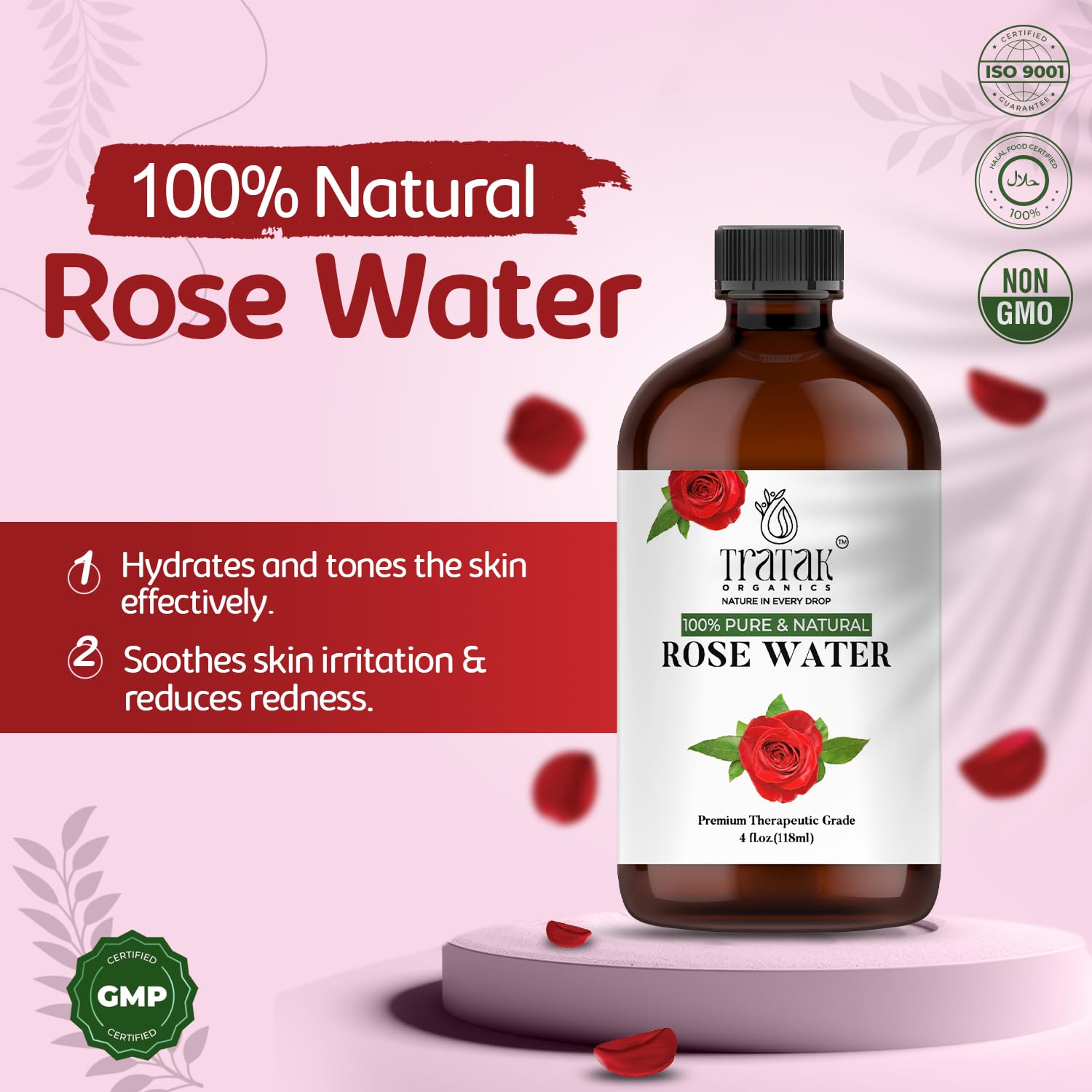 TRATAK ORGANICS agua de rosa para cabello y brillo natural