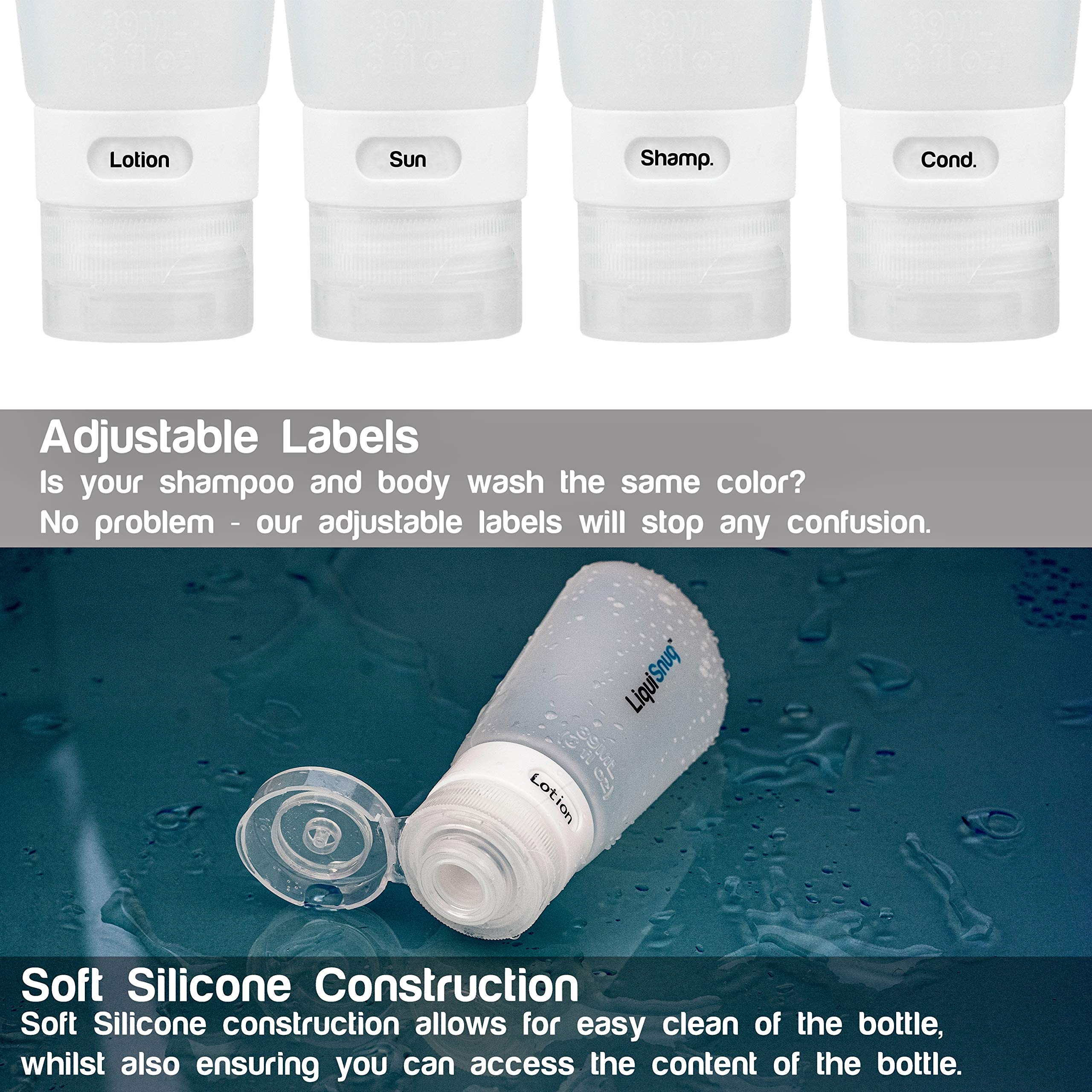 LiquiSnugs adjustable labels prevent mix-ups on the go.
