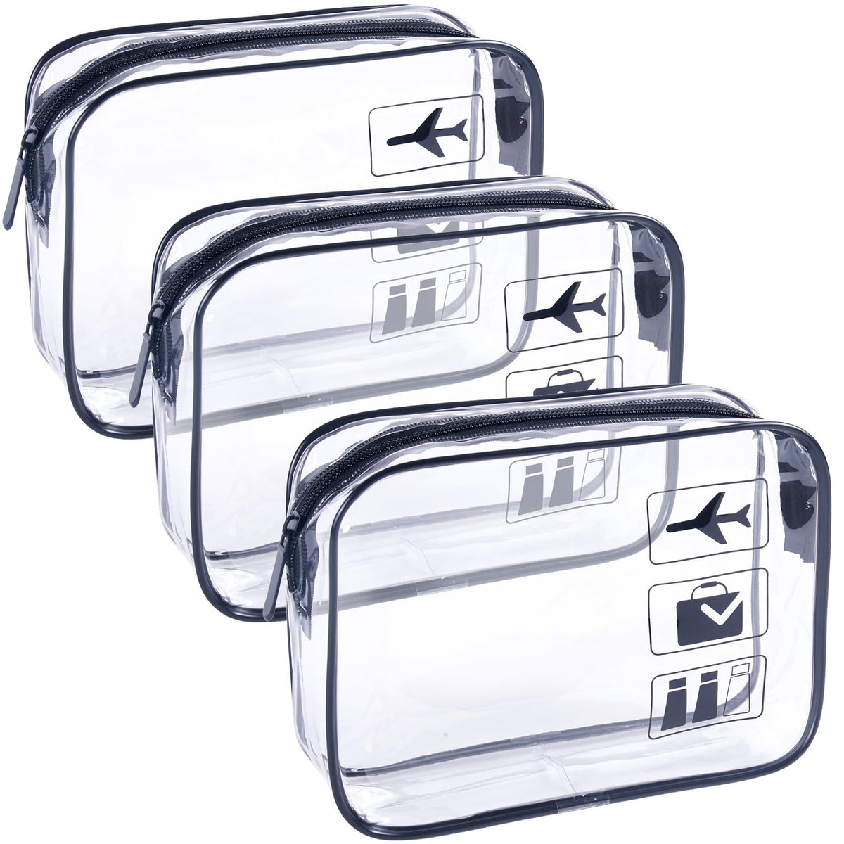 TREALDATE 3-pack TSA approved clear toiletry bags laid flat for quick security checks