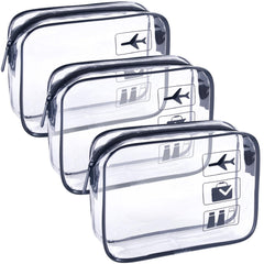 TREALDATE 3-pack TSA approved clear toiletry bags laid flat for quick security checks