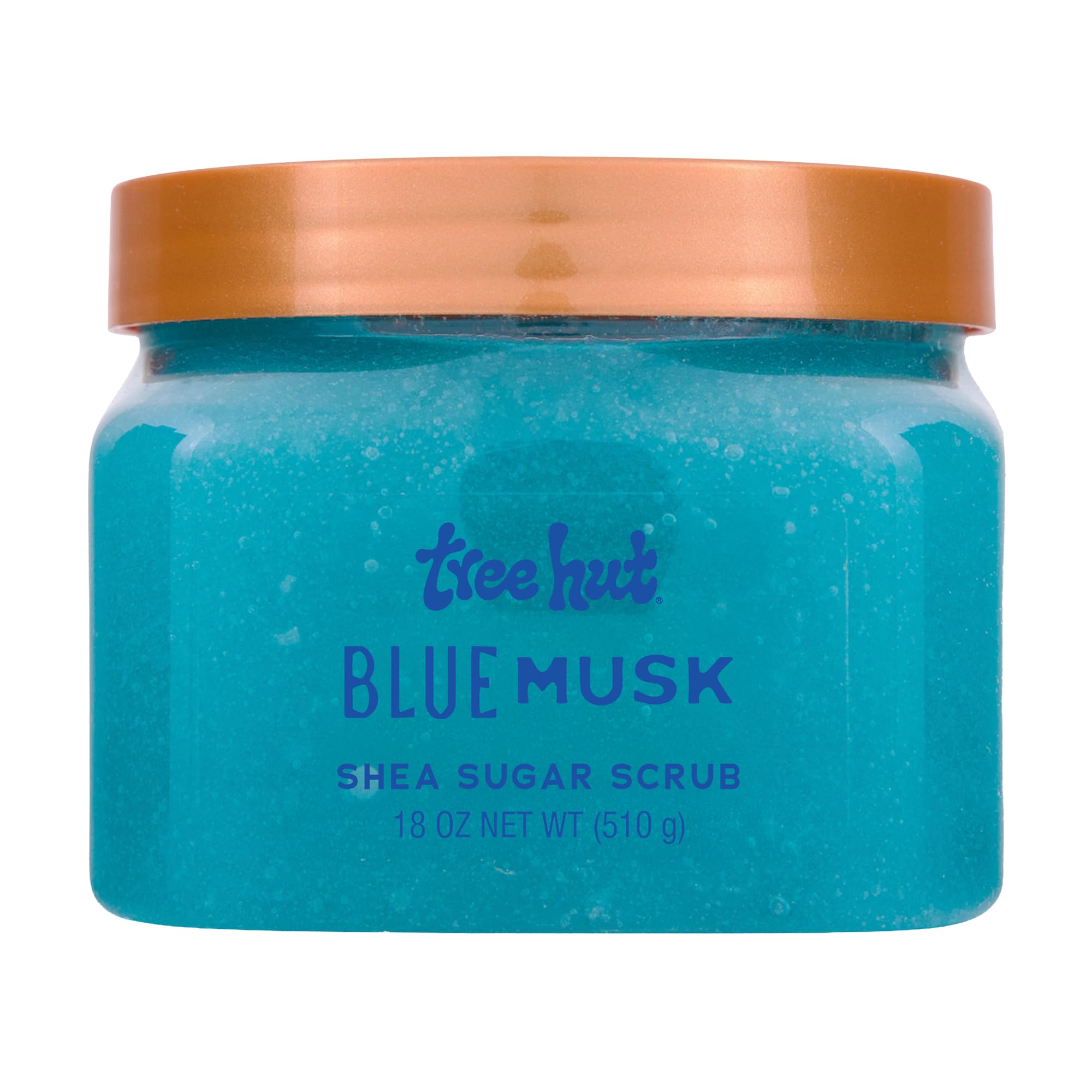 Tree Hut Blue Musk Sugar Scrub envase de 18 onzas para exfoliar e hidratar la piel.