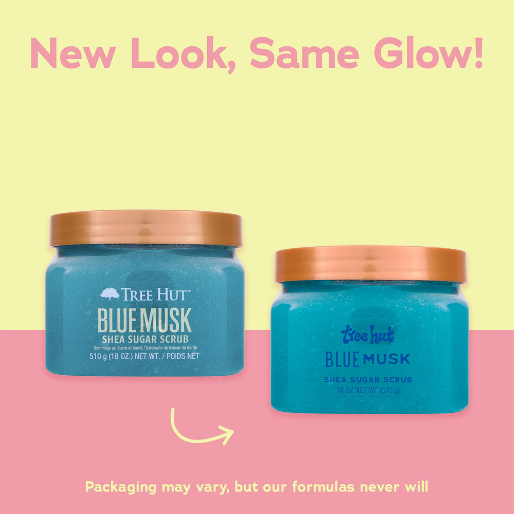 Textura exfoliante suave de azucar para renovar la piel con Tree Hut Blue Musk.