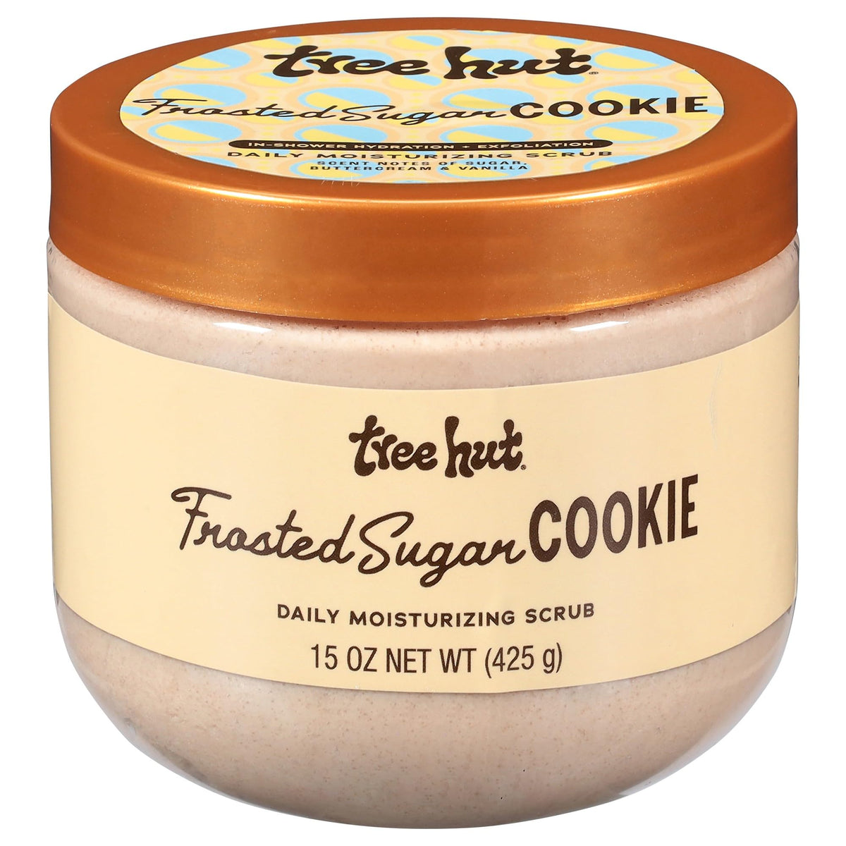 Tree Hut exfoliante corporal, vista de la botella, exfoliación suave para piel suave.