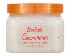 Tree Hut Coco Colada exfoliante de azúcar, textura granulosa y brillo suave.