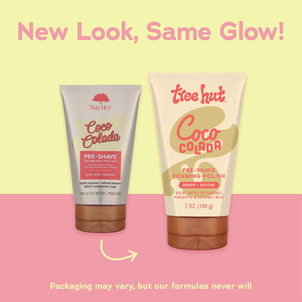 Tree Hut Coco Colada Pre-Shave Foaming Polish with sugar crystals exfoliating skin gently to unclog pores.