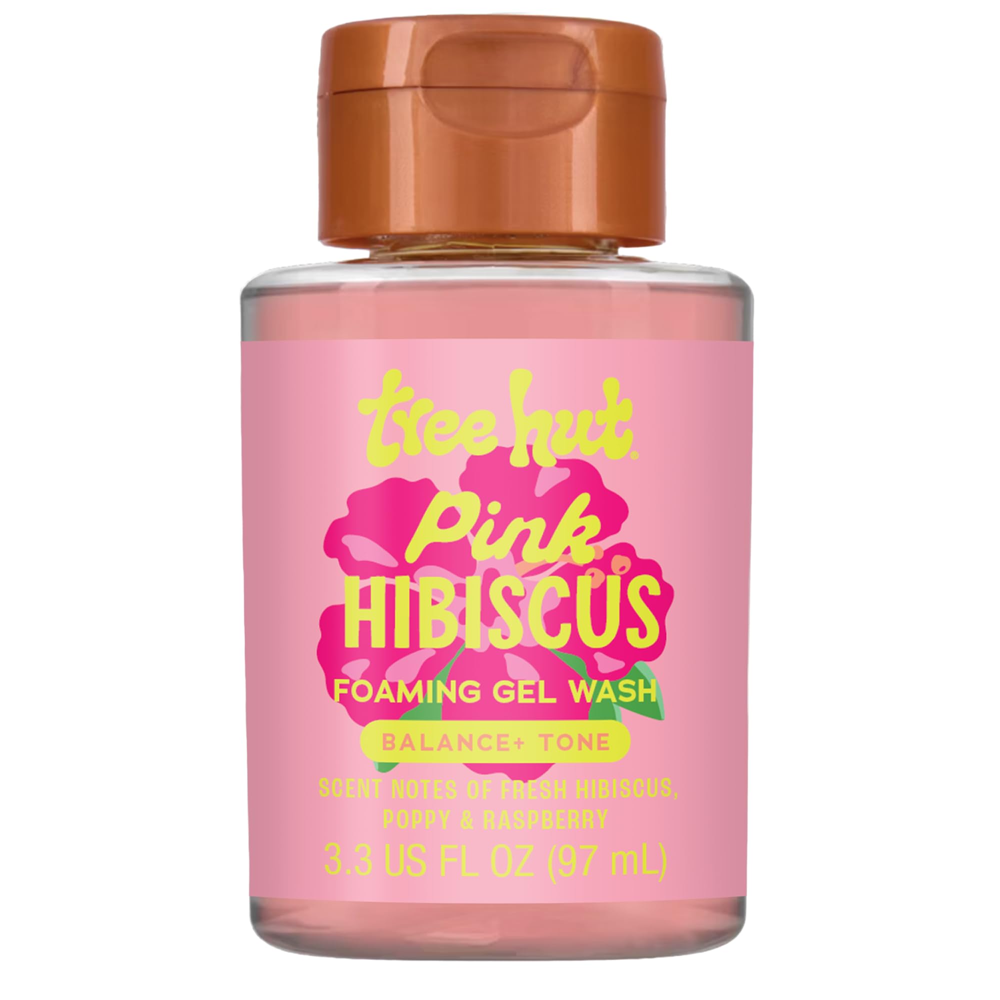 Tree Hut gel de ducha espumoso hibisco rosa en envase, aroma floral revitalizante.