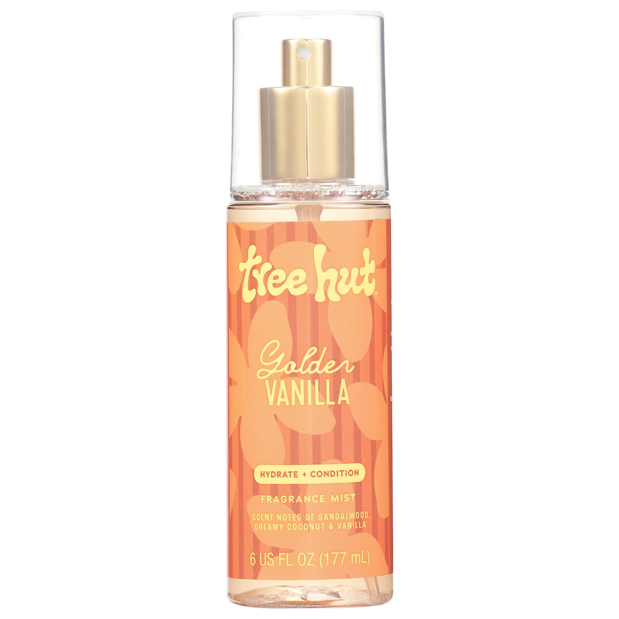 Tree Hut Golden Vanilla Fragrance Mist bottle front showing the hydrating alcohol-free formula