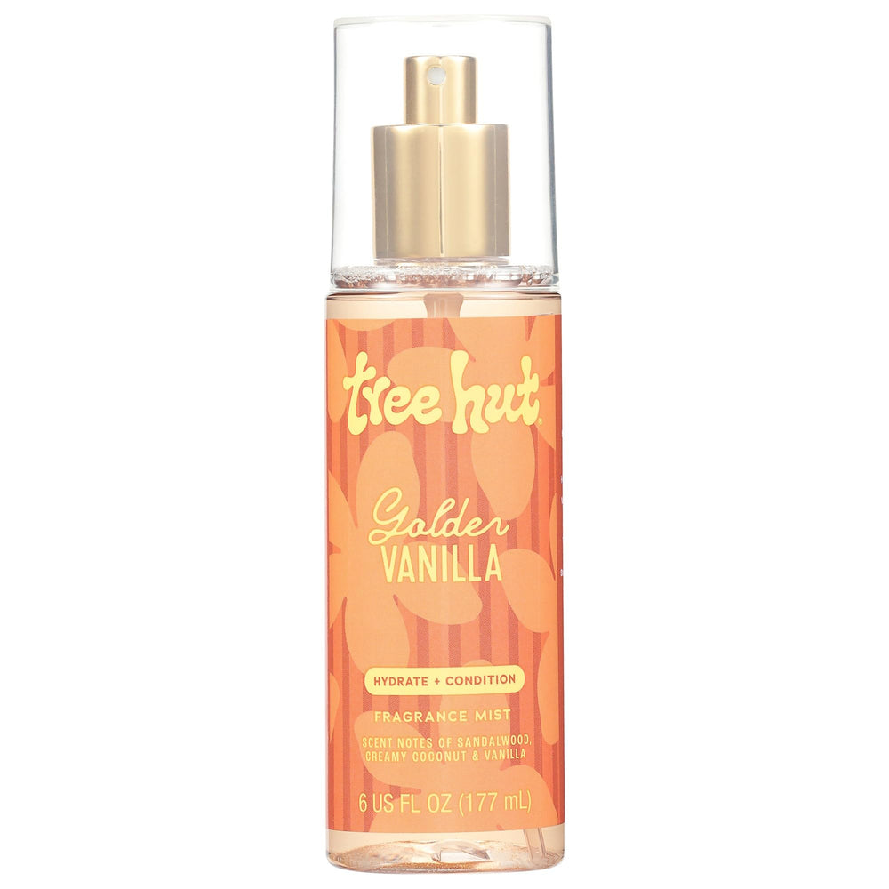 Tree Hut Golden Vanilla Fragrance Mist bottle front showing the hydrating alcohol-free formula