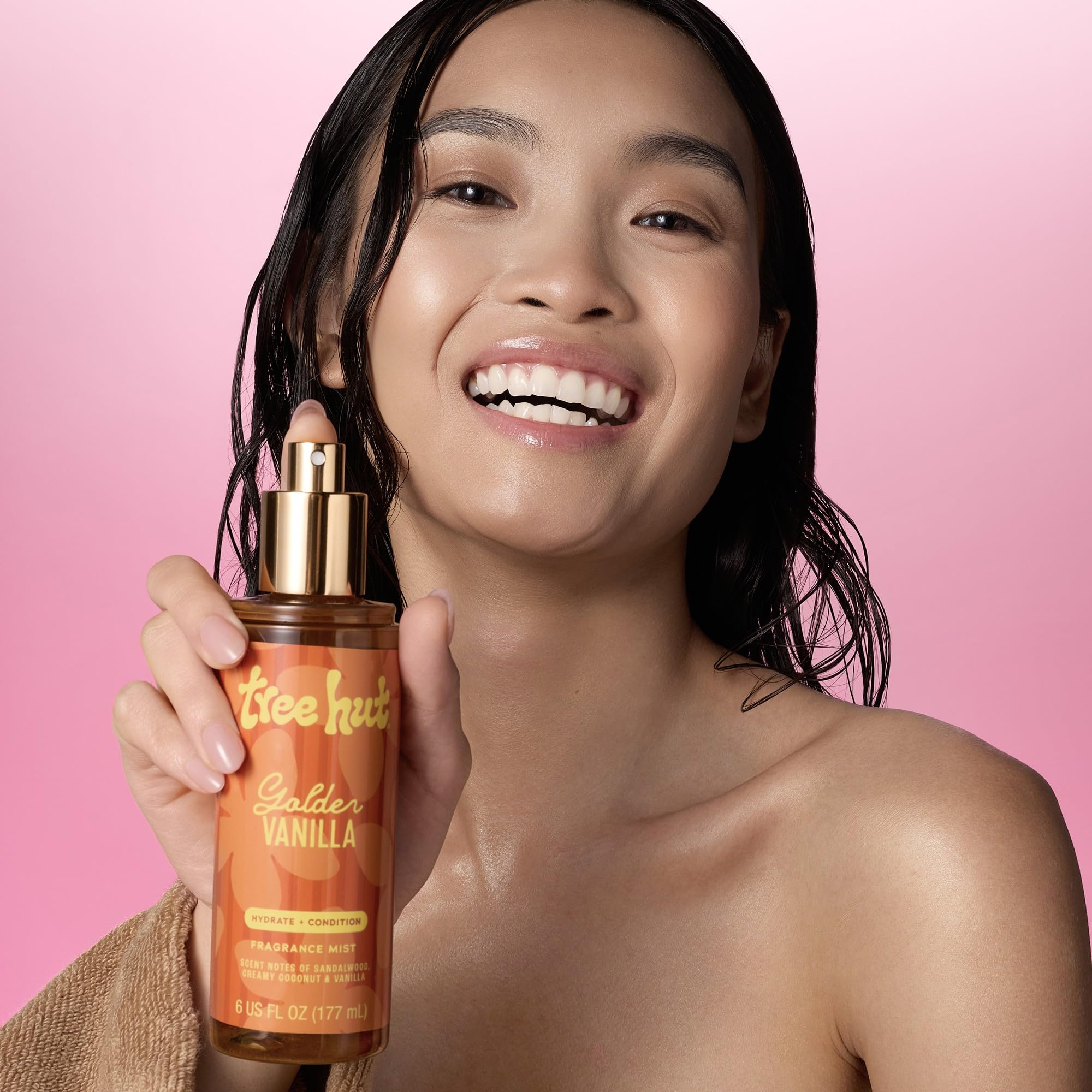 Tree Hut Golden Vanilla Fragrance Mist on skin with a soft glow