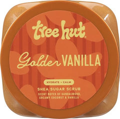 Tree Hut Golden Vanilla Sugar Scrub jar close-up highlighting creamy texture.