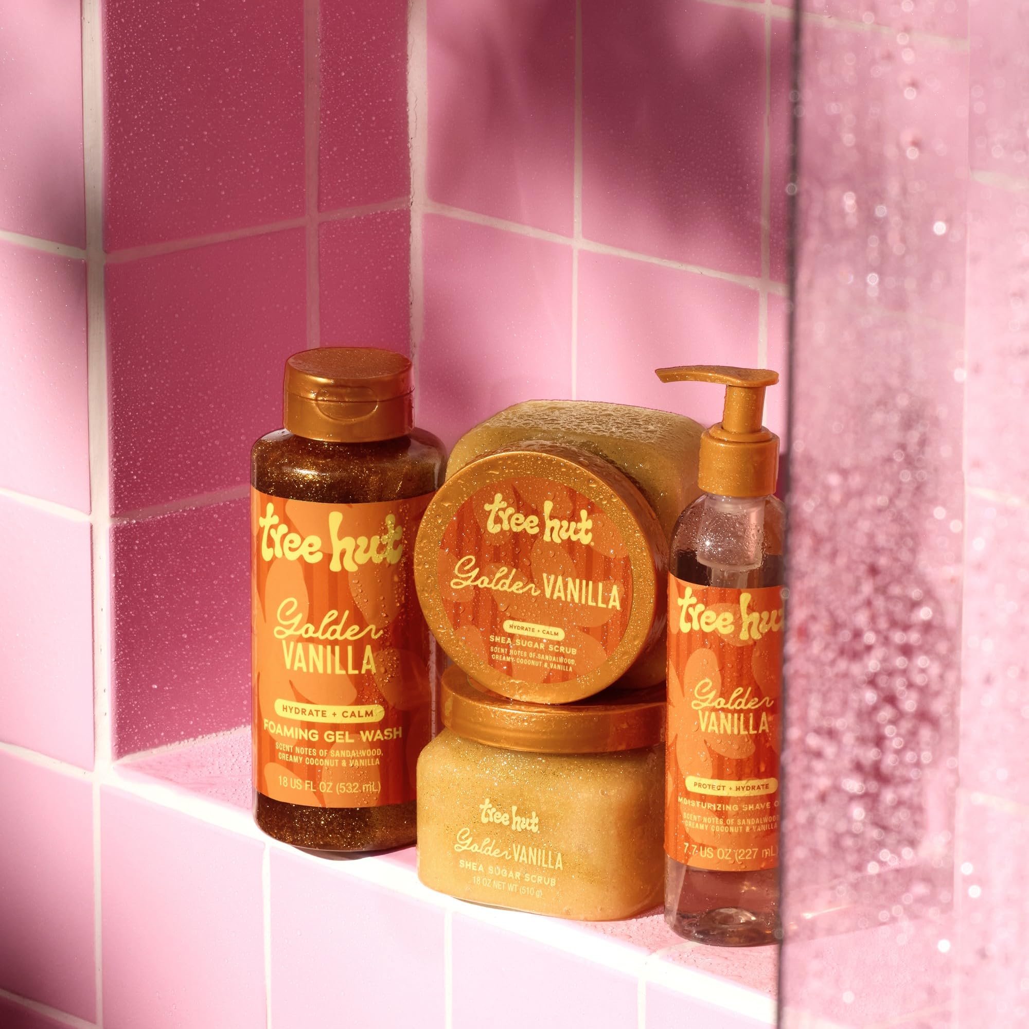 Product shot of Tree Hut scrub on skin suggesting radiant results.