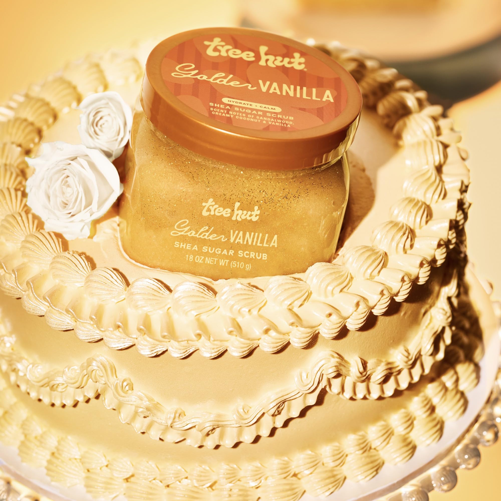 Shea butter focus in Tree Hut Golden Vanilla Sugar Scrub for hydration.