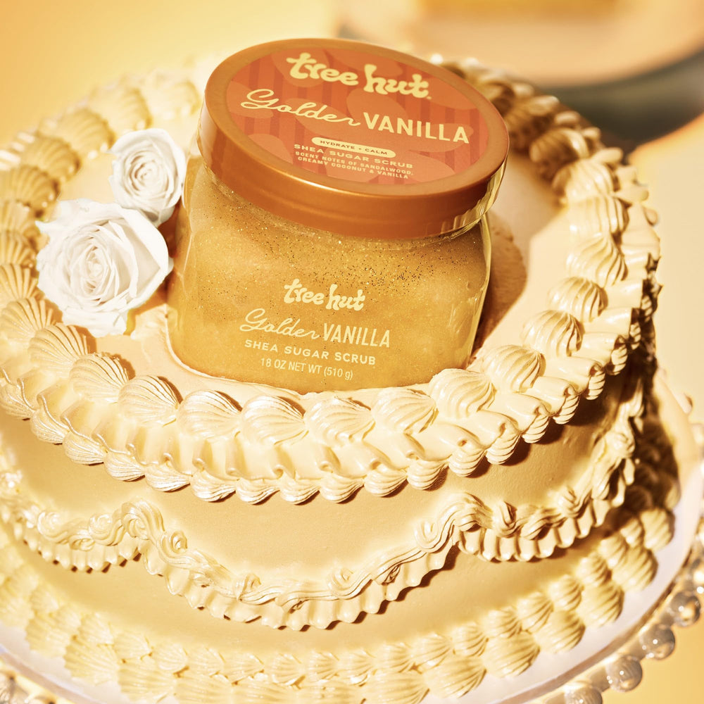Shea butter focus in Tree Hut Golden Vanilla Sugar Scrub for hydration.