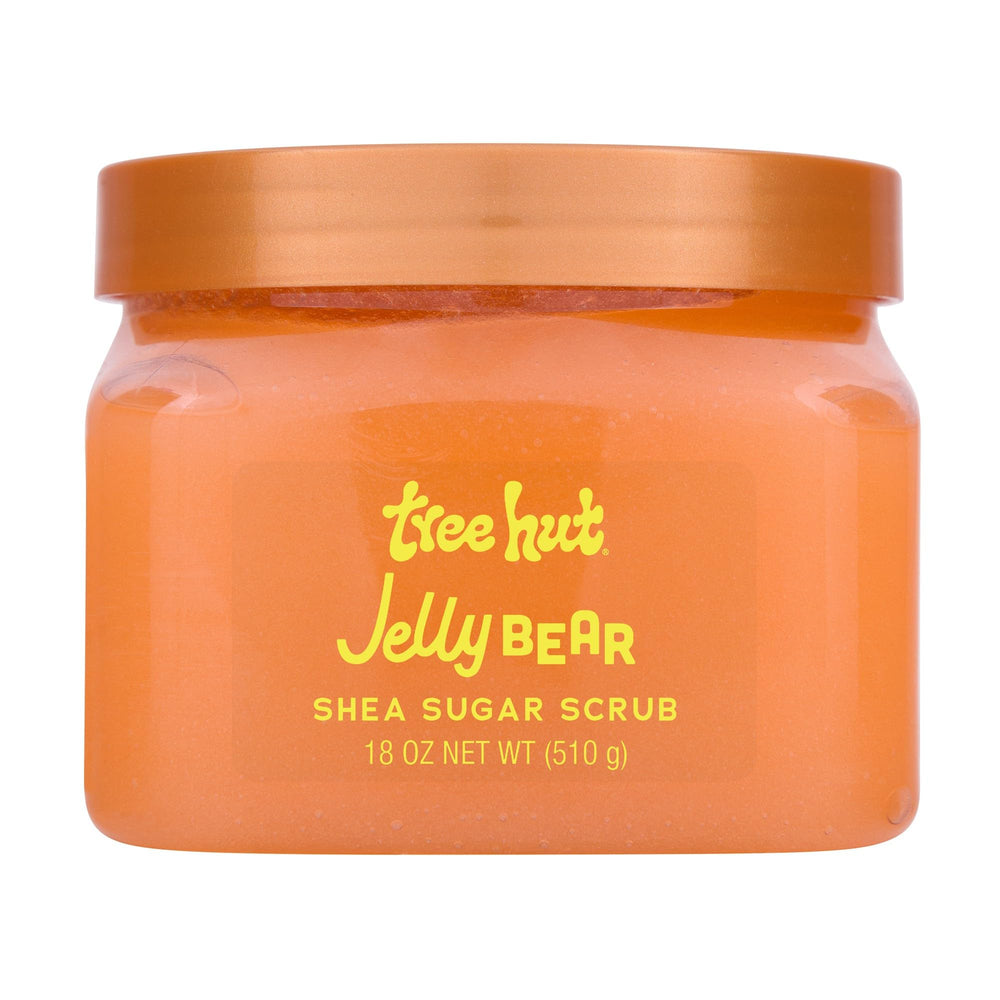 Tree Hut Jelly Bear Scrub, envase de 18 oz, ideal para exfoliar suave y preparar la piel.