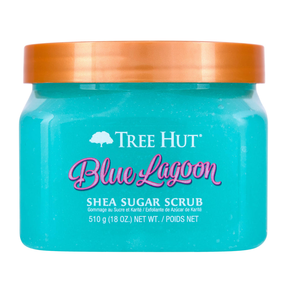 Tree Hut Laguna Azul, botella del exfoliante, aroma refrescante para piel suave.