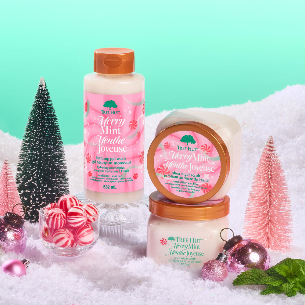 Tree Hut Merry Mint product in a bathroom setting for daily routine.