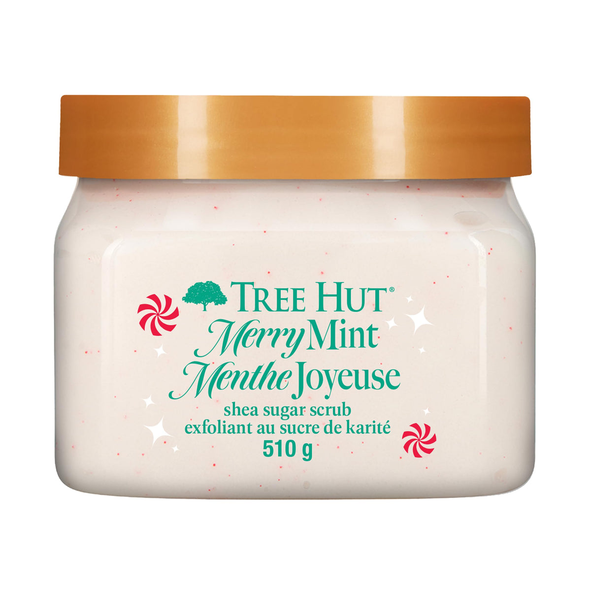 Tree Hut Merry Mint scrub jar showing peppermint aroma and hydrating formula.