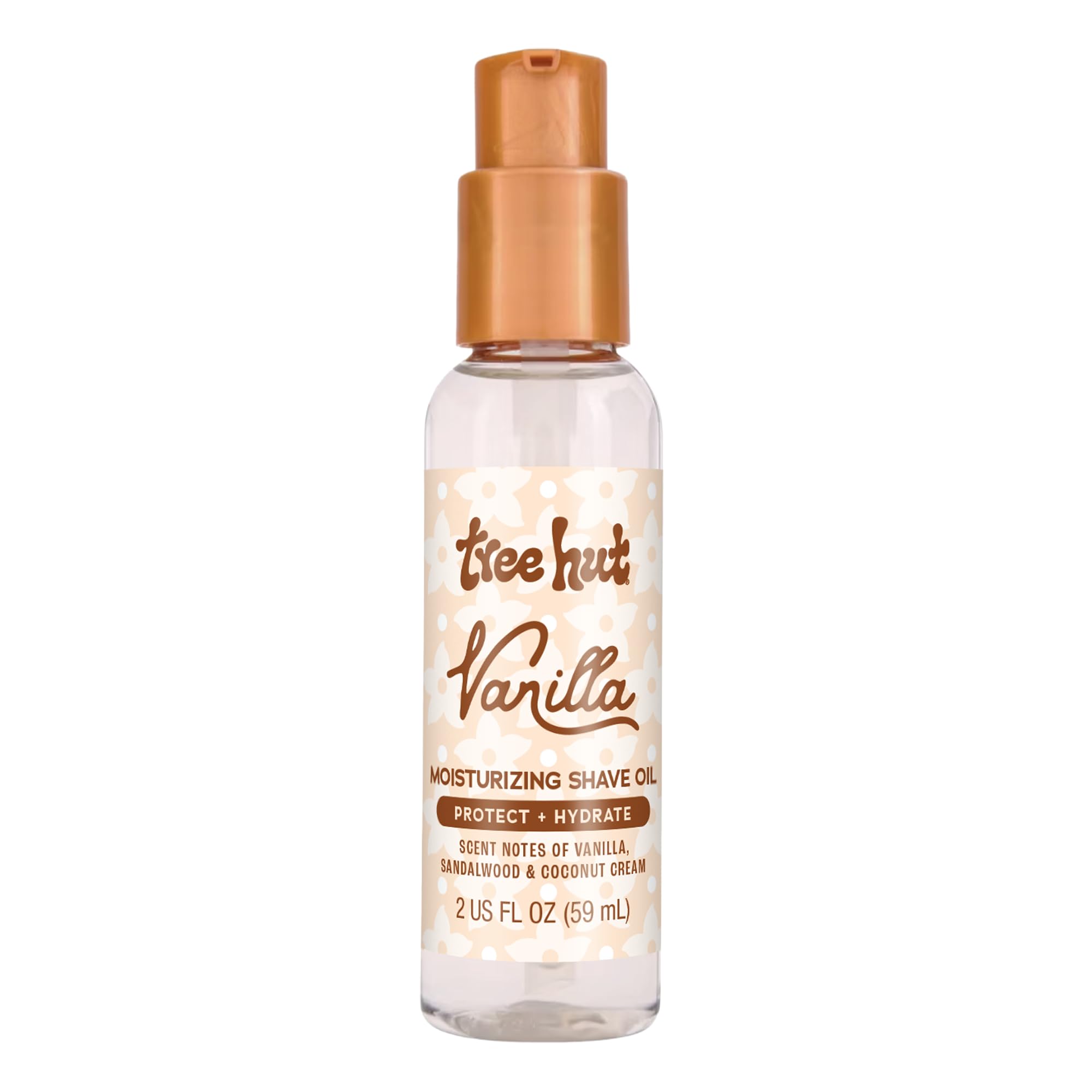 Tree Hut Mini Vanilla Shave Oil bottle shows gel-to-oil texture for smooth glide.