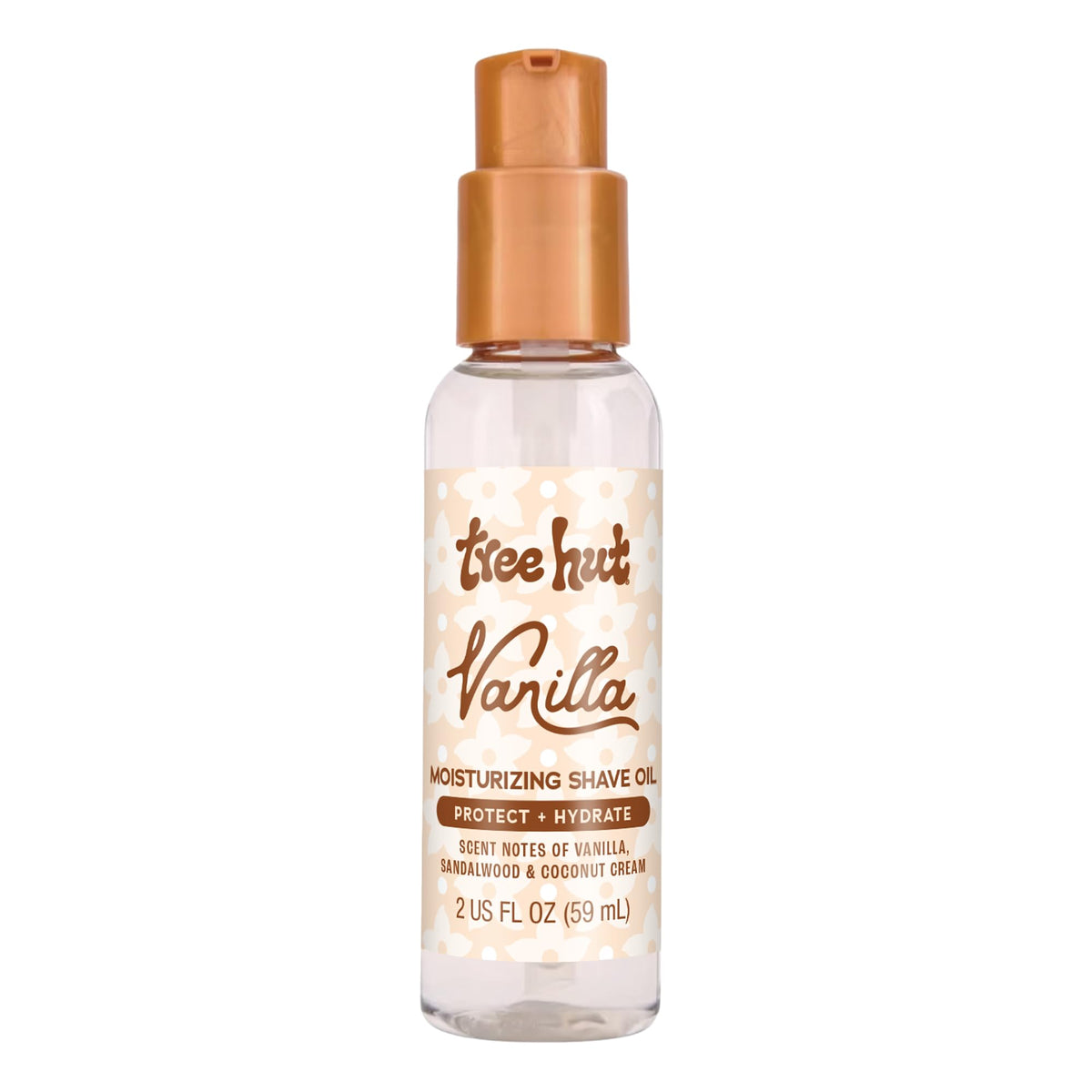 Tree Hut Mini Vanilla Shave Oil bottle shows gel-to-oil texture for smooth glide.