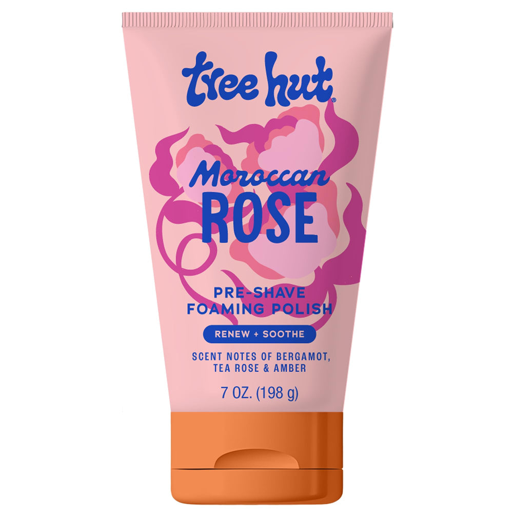 Tree Hut Moroccan Rose Pre-Shave Polish bottle ready to prep skin for a closer shave.