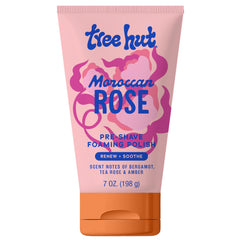 Tree Hut Moroccan Rose Pre-Shave Polish bottle ready to prep skin for a closer shave.
