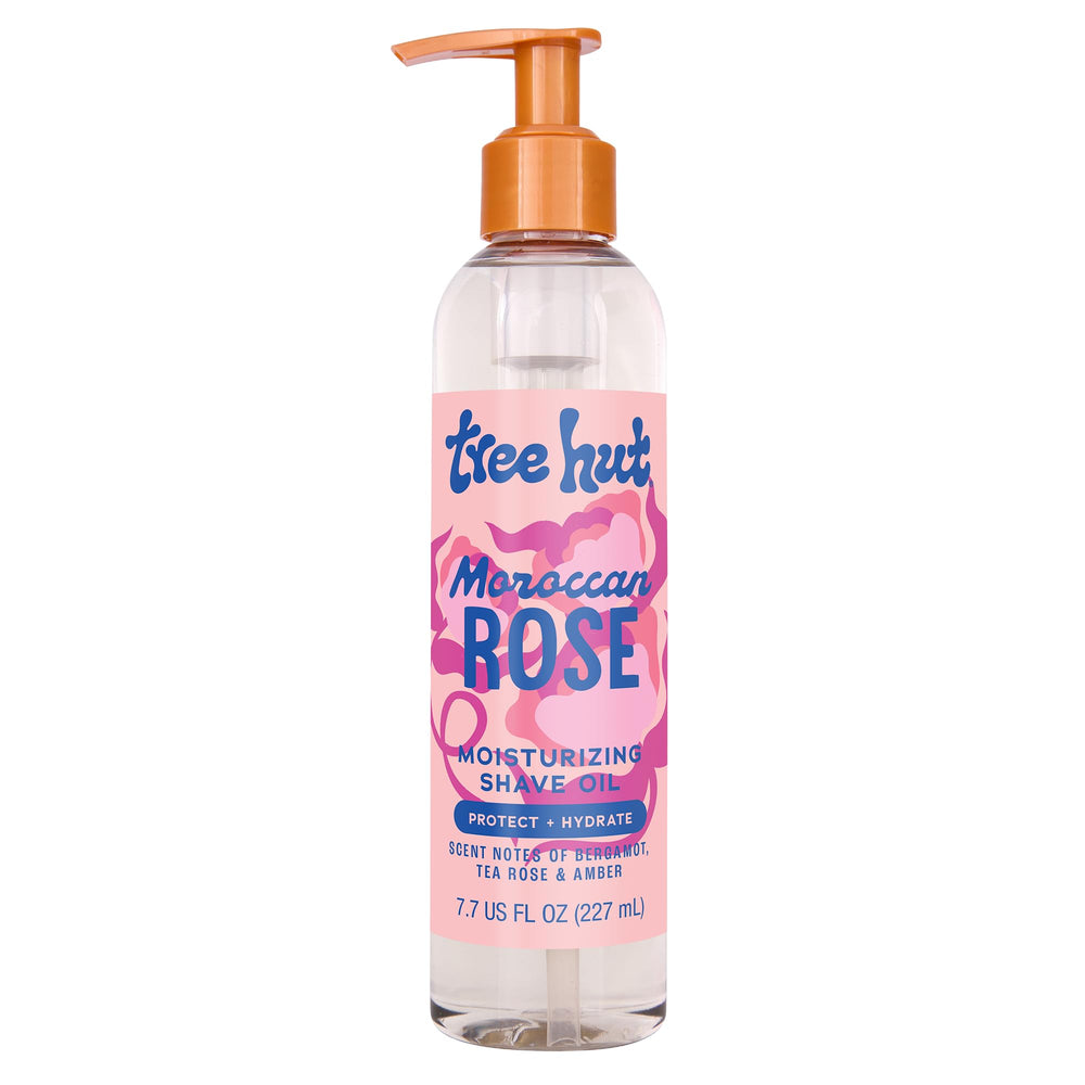 Tree Hut Moroccan Rose Shave Oil bottle shows rich hydration and glide.