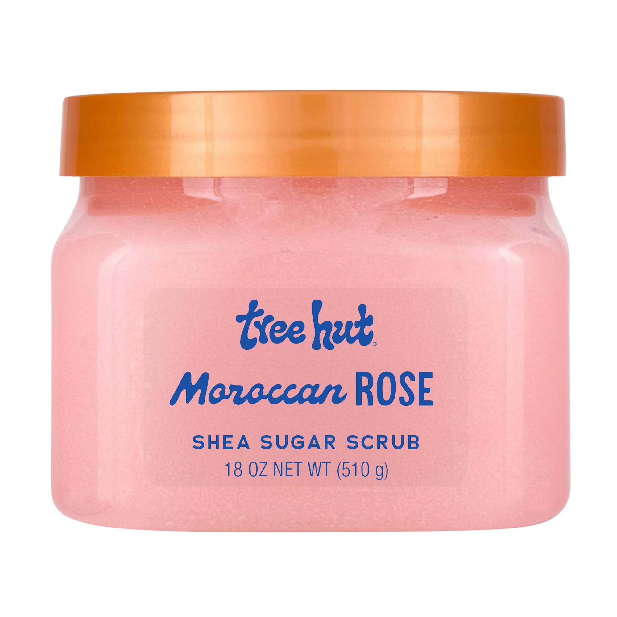 Tree Hut Moroccan Rose sugar scrub bottle shows creamy exfoliation for smooth skin.