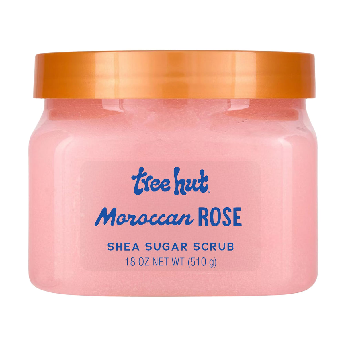 Tree Hut Moroccan Rose sugar scrub bottle shows creamy exfoliation for smooth skin.