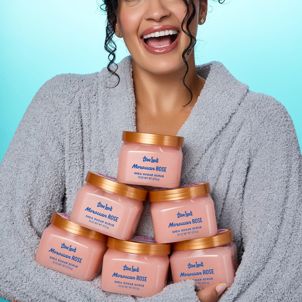 Tree Hut Moroccan Rose sugar scrub application scene demonstrates easy, spa-like daily use.