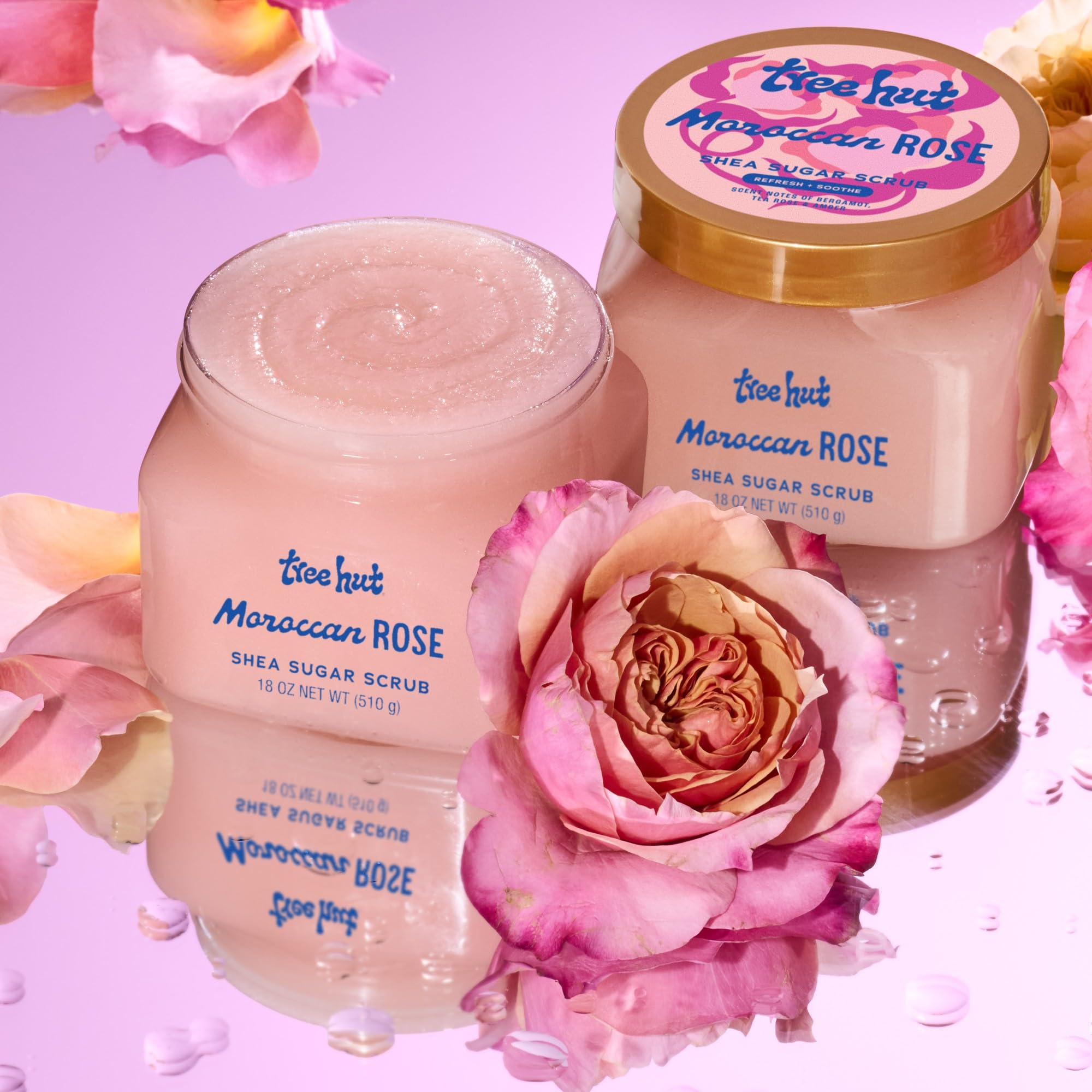 Tree Hut Moroccan Rose scrub jar detail emphasizes luxurious Moroccan rose aroma.