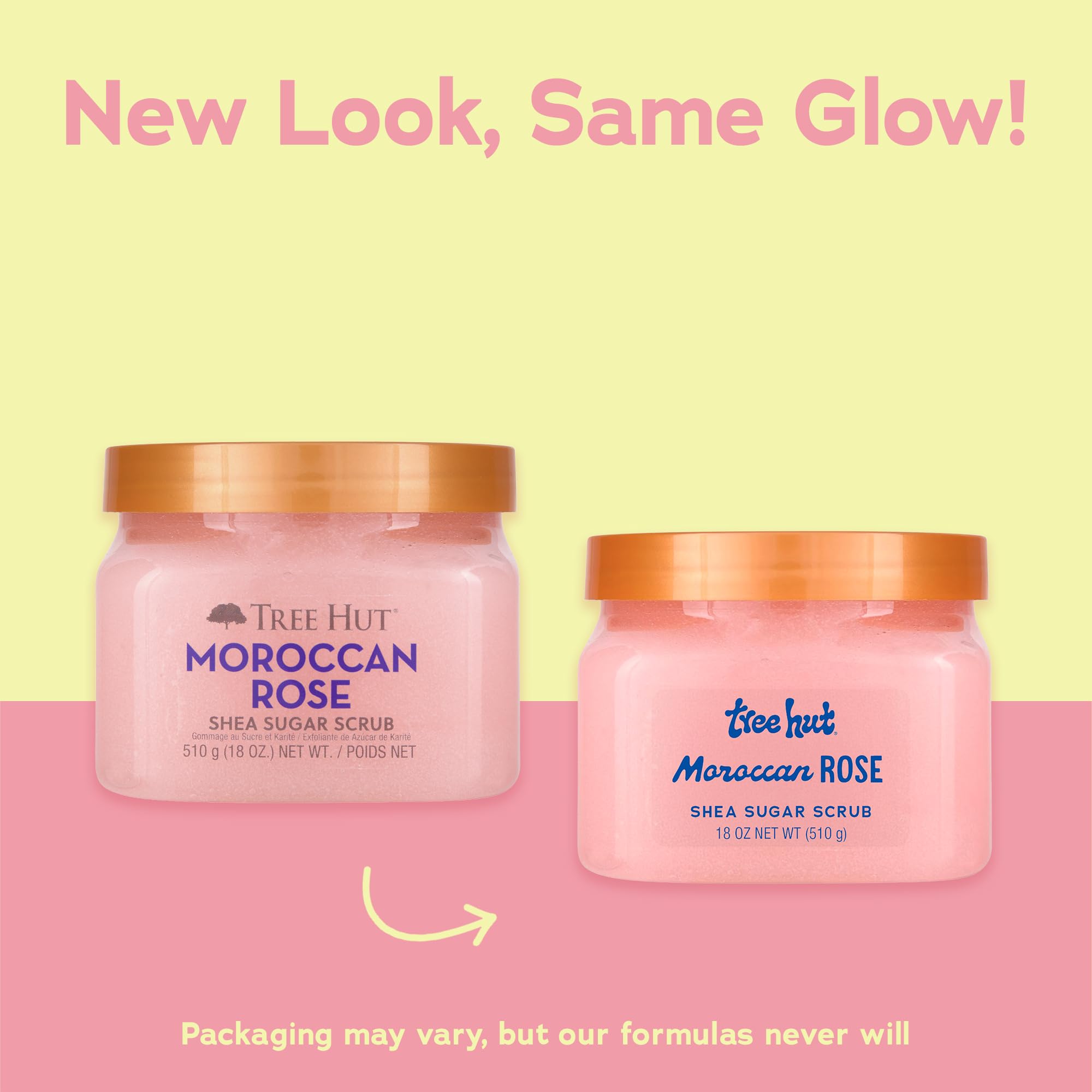 Tree Hut Moroccan Rose scrub packaging front highlights rose scent and premium formula.