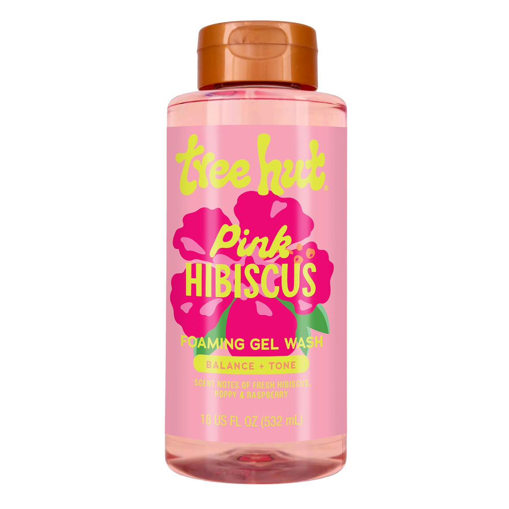 Tree Hut Pink Hibiscus Foaming Gel Wash bottle pour for a refreshing cleanse