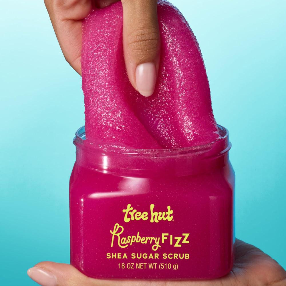 Raspberry, rose, and amber scent notes on Tree Hut scrub visual