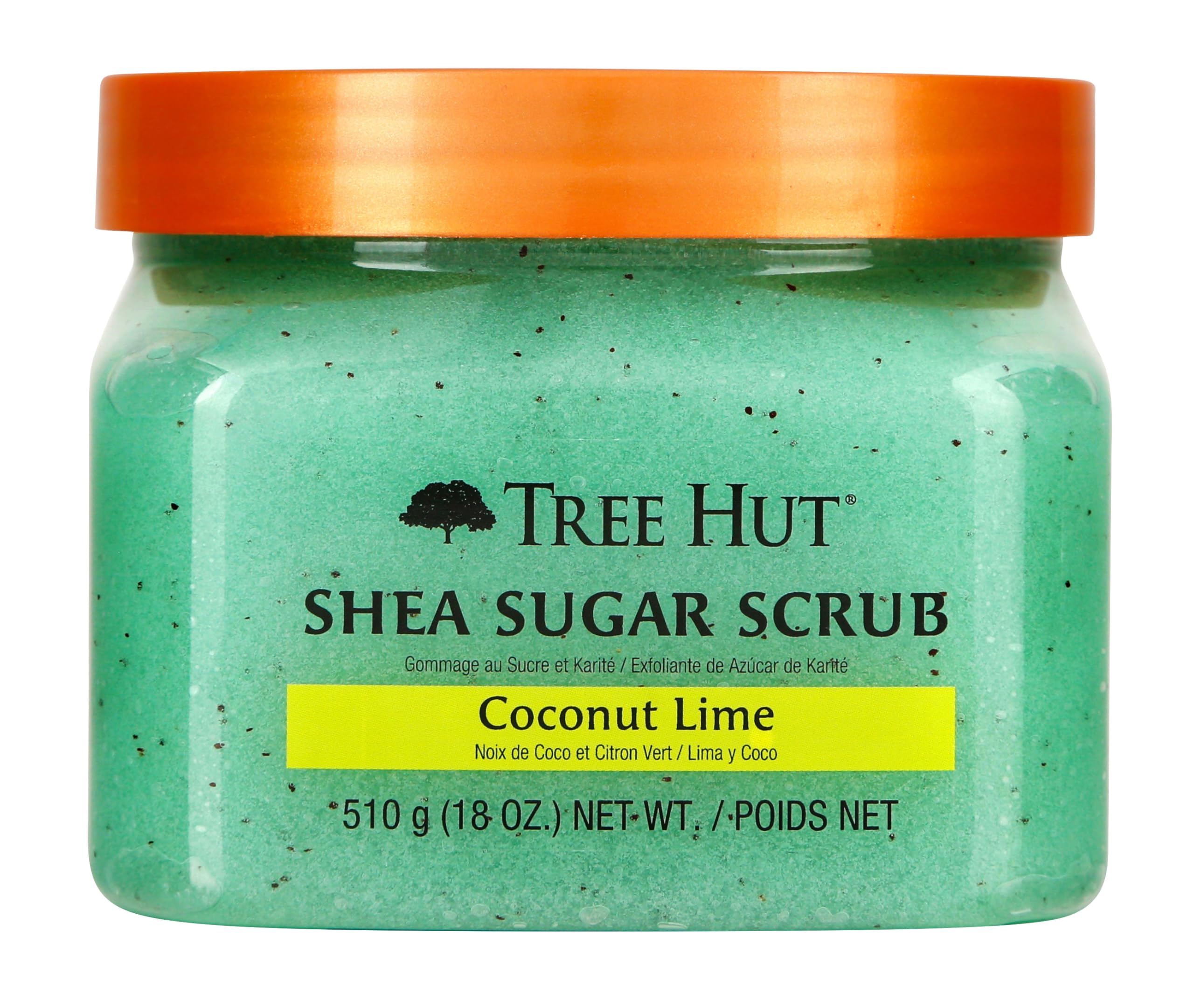Tree Hut Shea Sugar Body Scrub Coconut Lime jar shows creamy texture for gentle exfoliation.