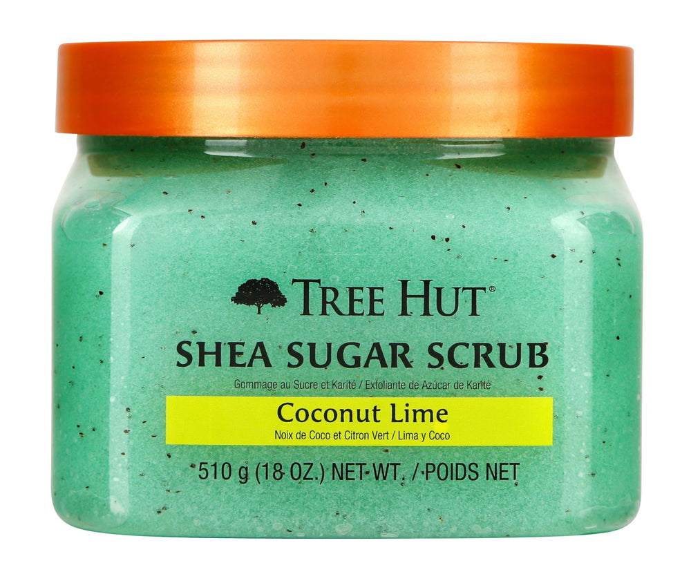 Tree Hut Shea Sugar Body Scrub Coconut Lime jar shows creamy texture for gentle exfoliation.
