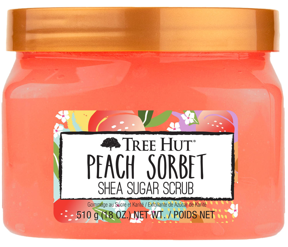 Tree Hut Peach Sorbet exfoliante muestra la botella vertiendo para exfoliar suavemente la piel