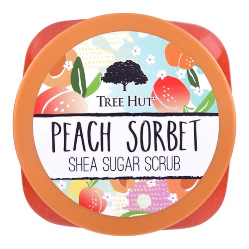 Tree Hut Peach Sorbet exfoliante en envase, vista de primer plano de la textura