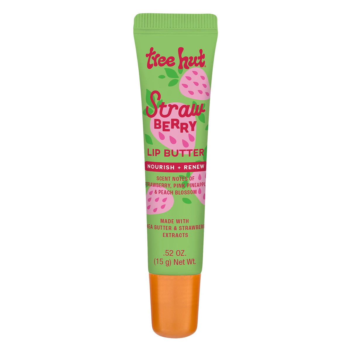 Tree Hut Strawberry Sugarlips Lip Butter tube close-up showing moisture on lips