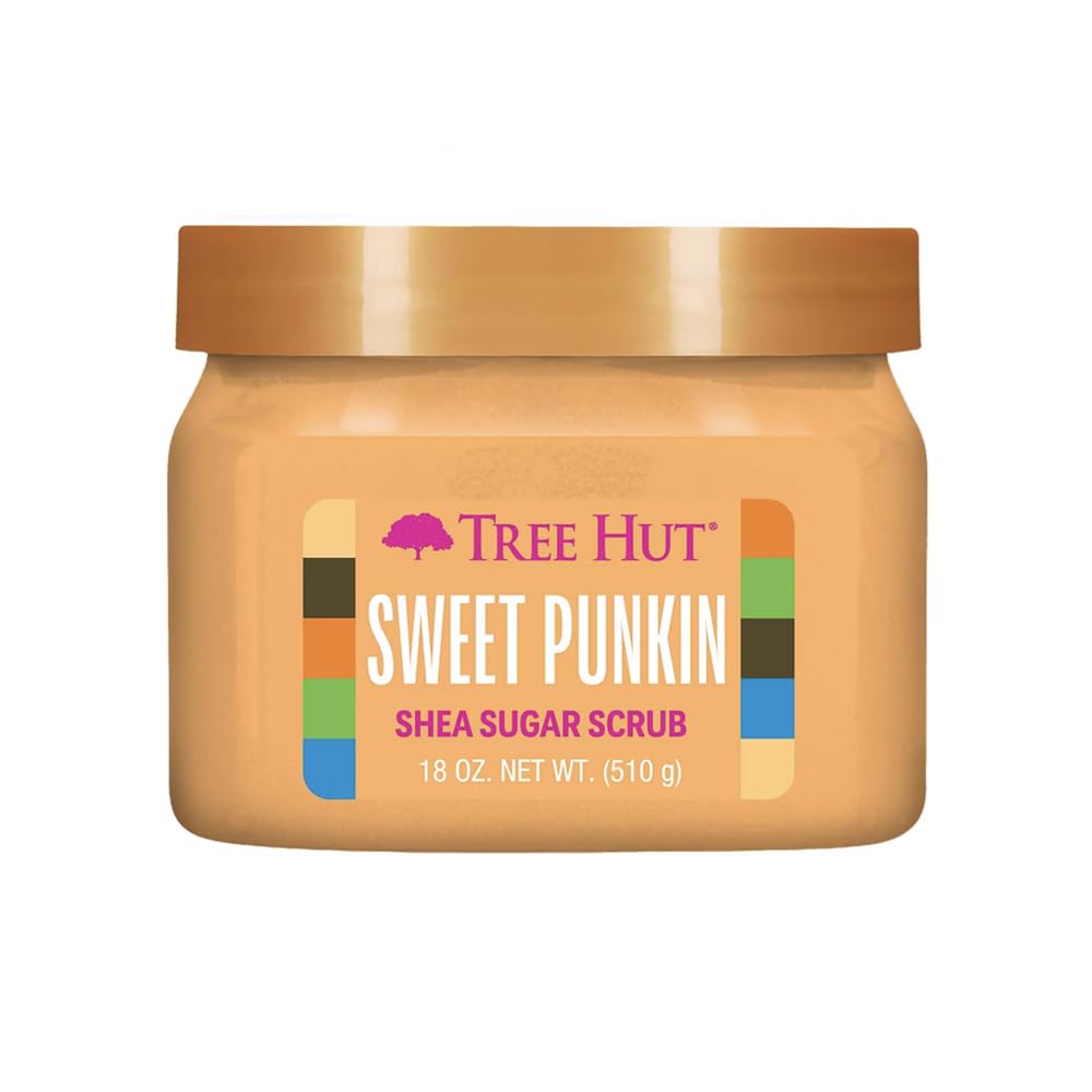 Tree Hut Sweet Punkin Sugar Scrub bottle pouring for a luxurious exfoliating ritual.