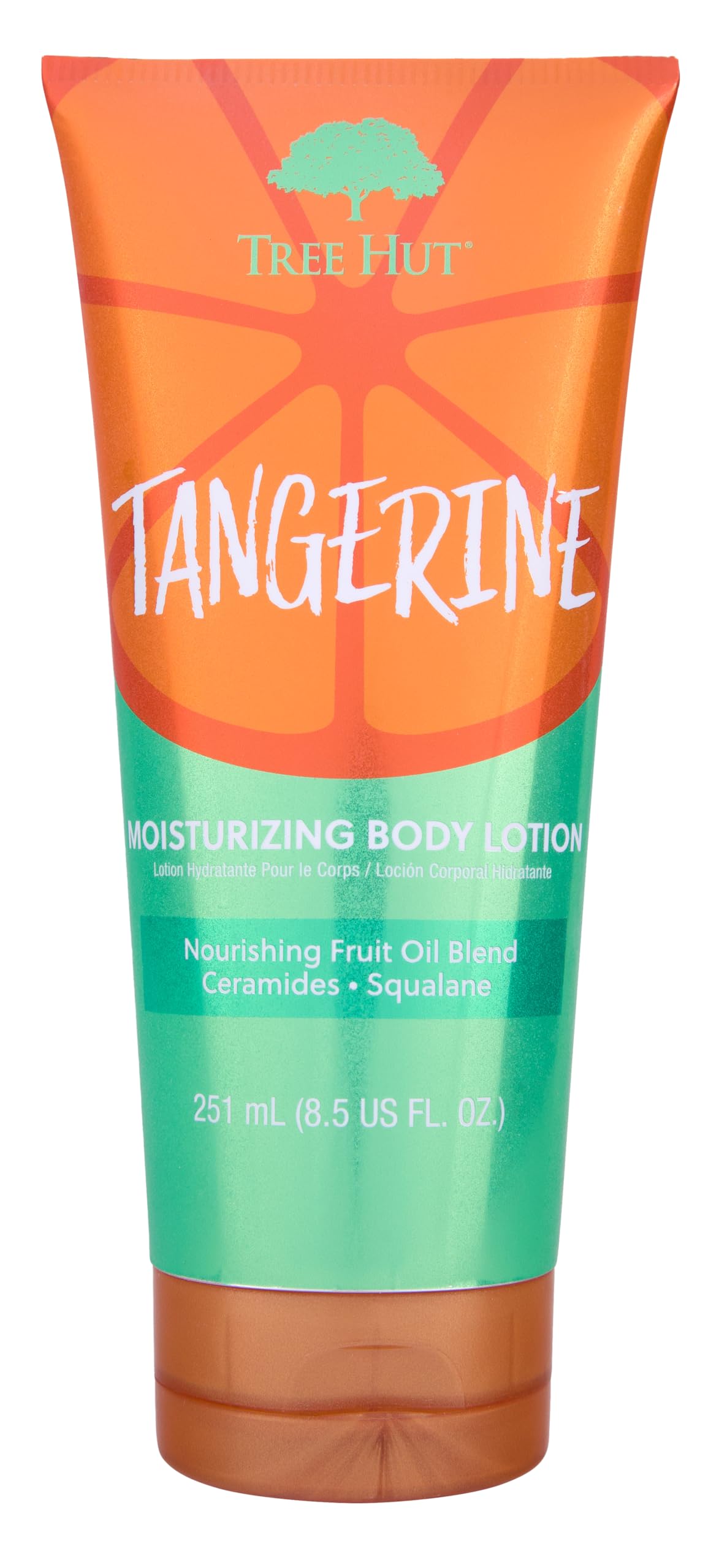 Tree Hut Tangerine moisturizing lotion bottle shows daily hydration for soft skin.