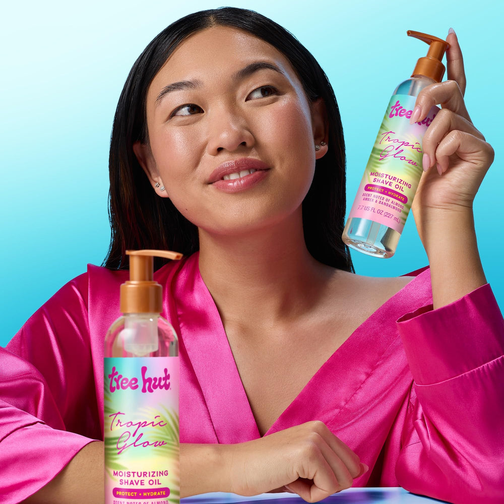 Tree Hut Tropic Glow gel-to-oil application softens skin while reducing friction.