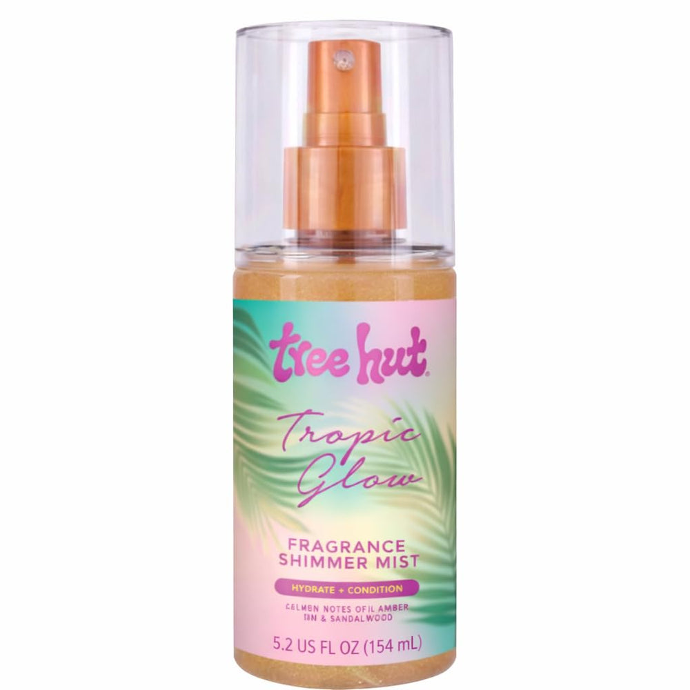 Tree Hut Tropic Glow Shimmer Mist bottle showing subtle radiance for everyday wear