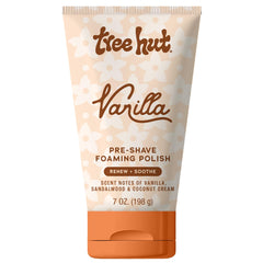 Tree Hut Vanilla Pre-Shave Polish bottle showing creamy lather and warm vanilla scent.